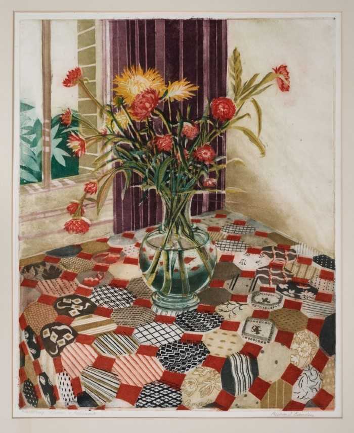 Lot 1121 - *Richard Bawden (b.1936) signed etching and aquatint - Flowers and Patchwork, AP, 50.5cm x 40.5cm with mount, unframed