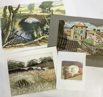 Lot 242 - Ewan Cameron (contemporary) silkscreen print - The Bridge, signed and numbered 17/40, image 25 x 37cm, together with two others by the same hand and an aquatint by Sarah Browne. (4)