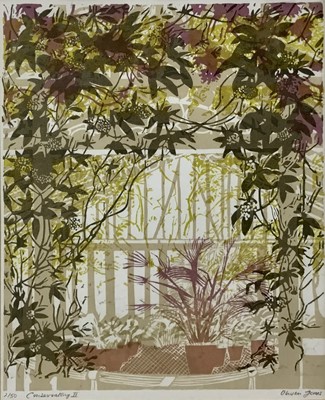 Lot 243 - Olwen Jones (b 1945) lino cut, Conservatory II, signed and numbered 2/50, 39 x 34cm, glazed frame