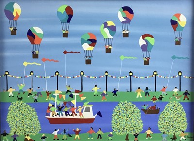 Lot 264 - Gordon Barker (b.1960) acrylic on paper - The Balloon Race, signed, 29cm x 39cm, in glazed frame