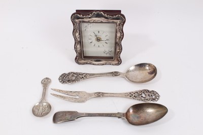 Lot 1107 - R. Carr silver framed time piece, pair of Continental silver salad servers, Continental silver caddy spoon and a plated tablespoon with engraved crest (5)