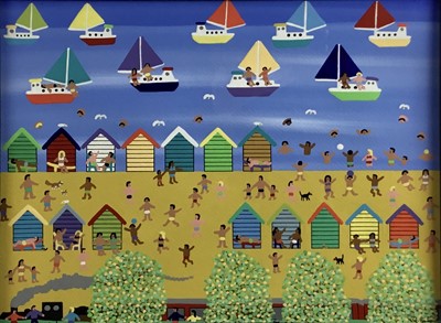 Lot 265 - Gordon Barker (b.1960) acrylic on paper - On The Beach, signed, 29cm x 39cm, in glazed frame
