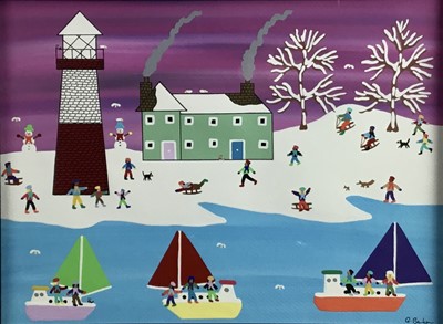 Lot 266 - Gordon Barker (b.1960) acrylic on paper - Snow Day, signed, 29cm x 39cm, in glazed frame