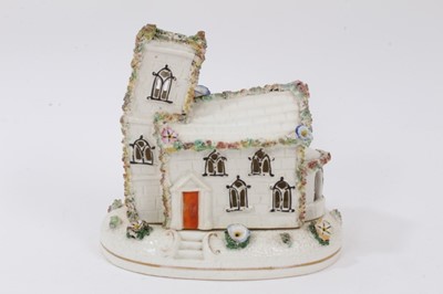 Lot 126 - A Staffordshire porcelain pastille burner and stand, in the form of a church with a crooked tower, circa 1850