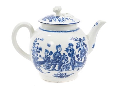 Lot 66 - A Worcester teapot and cover, printed in blue with the Three Ladies pattern, in Chinese style, circa 1775