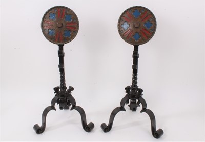 Lot 848 - Pair of Arts & Crafts wrought iron fire dogs of Gothic style