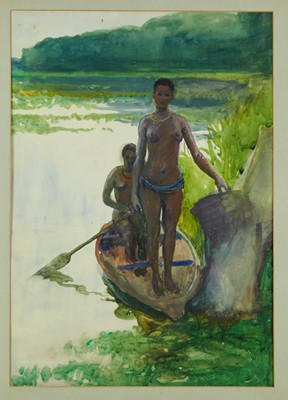 Lot 1217 - *Gerald Spencer Pryse (1882-1956) watercolour - Sheba canoe girls, 54cm x 38cm, titled verso, with mount