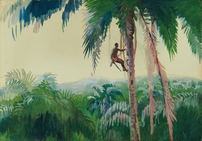 Lot 1221 - *Gerald Spencer Pryse (1882-1956) watercolour - Cutting down banga, Okitipupa, 54cm x 77cm, titled verso, unframed 
Inscribed verso: 'Jegede gathering banga from oil palm. The head of the fruit is...