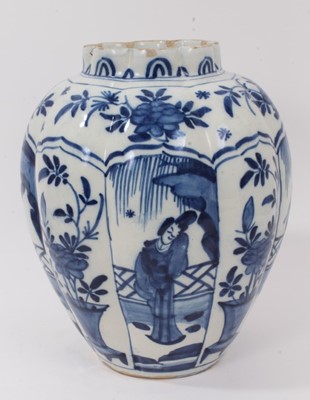 Lot 10 - 18th/19th century tin glazed pottery vase of reeded ovoid form painted segmented panels with figures and flowers