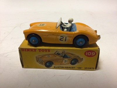 Lot 37 - Dinky Aston Martin DB3S No 104, MG Midget Sports No 108, Austin Healey '100' Sports No 109, all in original boxes (3)