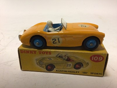 Lot 37 - Dinky Aston Martin DB3S No 104, MG Midget Sports No 108, Austin Healey '100' Sports No 109, all in original boxes (3)