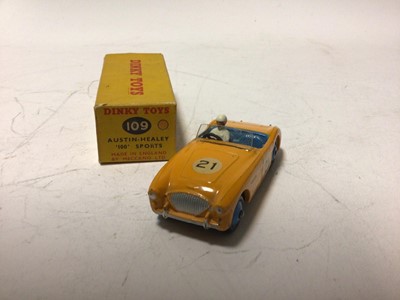 Lot 37 - Dinky Aston Martin DB3S No 104, MG Midget Sports No 108, Austin Healey '100' Sports No 109, all in original boxes (3)
