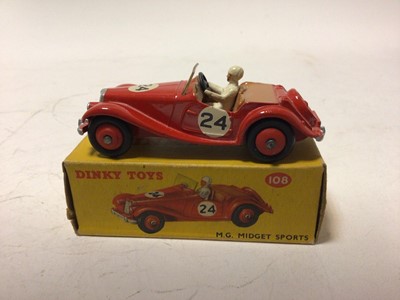 Lot 37 - Dinky Aston Martin DB3S No 104, MG Midget Sports No 108, Austin Healey '100' Sports No 109, all in original boxes (3)