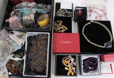 Lot 804 - Group of vintage and later costume jewellery including empty Cartier box, Trifari gilt metal pendant necklace, Baccarat glass ring in box, beadwork scarf, other various bead necklaces and bijouterie