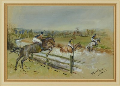 Lot 1049 - *Michael Lyne (1912-1989) watercolour and bodycolour - The 1984 V.W.H. Team Event, Over the River Thames, signed, 18.5cm x 27cm, in glazed frame  
Provenance: Heale Gallery, Somerset
