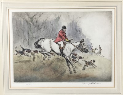 Lot 109 - Henry Wilkinson (1921-2011) signed limited edition coloured etching - Hunting scene, 132/150, 28cm x 36cm, in glazed frame
