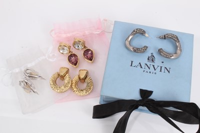 Lot 802 - Two pairs of 1980s Givenchy gilt metal clip on earrings, pair of Sarah Coventry clip on earrings and pair of Lanvin gem set half hoop earrings in box