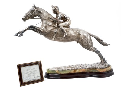 Lot 900 - A fine and highly impressive silver sculpture of Desert Orchid with Simon Sherwood up, realistically modelled rising for a jump