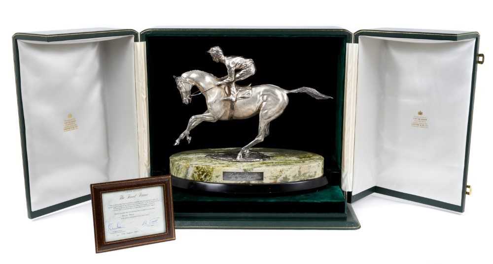 Lot 901 - A fine and impressive silver sculpture, 'The Final Frame', Lester Piggott on horseback, raised upon an oval green variegated marble base and oval wooden plinth, hallmarked London 1986
