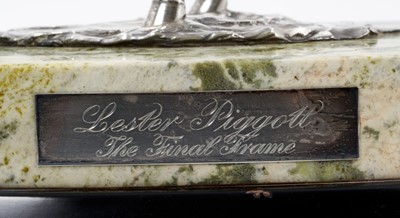 Lot 901 - A fine and impressive silver sculpture, 'The Final Frame', Lester Piggott on horseback, raised upon an oval green variegated marble base and oval wooden plinth, hallmarked London 1986