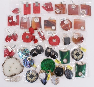 Lot 817 - Collection of silver mounted large semi precious stone, shell and other pendants and some matching pairs of earrings