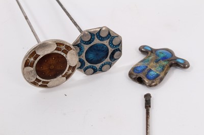 Lot 886 - Collection of twelve vintage hat pins including five silver pins by Charles Horner, three enamelled pins and four set with gem stones/ beads