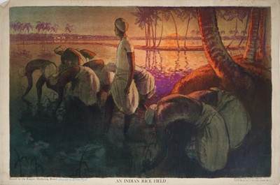Lot 1228 - *Gerald Spencer Pryse (1882-1956) colour lithograph - An Indian Rice Field, issued by the Empire Marketing Board, printed for H. M. Stationery Office by Vincent Brooks, Day & Son Ltd. London, 47cm...