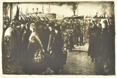 Lot 1233 - *Gerald Spencer Pryse (1882-1956) black and white lithograph - The Fall of Ostend, the Digue during the embarkation of the Naval Division from Antwerp, 27cm x 42cm, unframed.