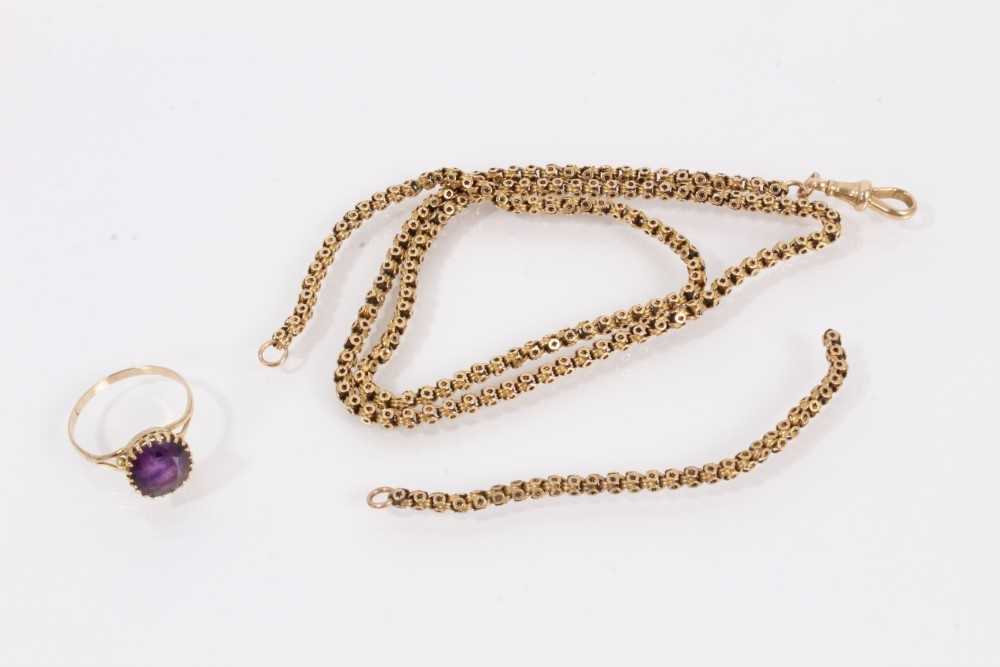 Lot 865 - 9ct gold amethyst ring and a yellow metal guard chain