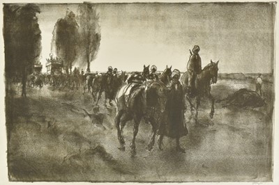 Lot 1235 - *Gerald Spencer Pryse (1882-1956) black and white lithograph - Indians and motor buses near Poperinge, Dec 1914, signed and titled below in pencil, 34cm x 50cm, unframed.