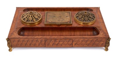 Lot 696 - Fine quality 19th century French kingwood and parquetry inkstand, brass inlaid to base in script 'Haton Priener Berlin'