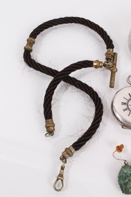 Lot 875 - Group of antique and later jewellery including two agate cross pendants, hard stone panel bracelet, pair of green carved hard stone earrings, hairwork watch chain, two brooches, silver bangle and a...