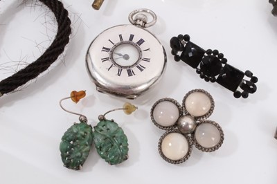 Lot 875 - Group of antique and later jewellery including two agate cross pendants, hard stone panel bracelet, pair of green carved hard stone earrings, hairwork watch chain, two brooches, silver bangle and a...