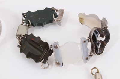 Lot 875 - Group of antique and later jewellery including two agate cross pendants, hard stone panel bracelet, pair of green carved hard stone earrings, hairwork watch chain, two brooches, silver bangle and a...