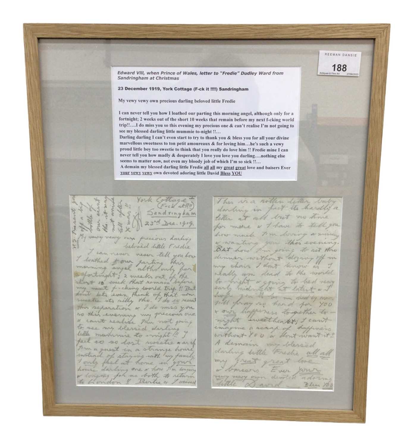 Lot 188 - H.R.H. Edward Prince of Wales love letter to Freda Dudley Ward, 1919