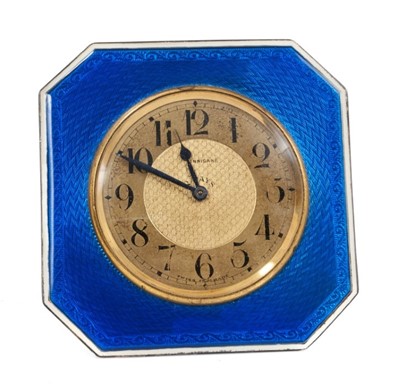 Lot 652 - Art Deco silver and enamel desk clock by Finnigans, (London 1921).