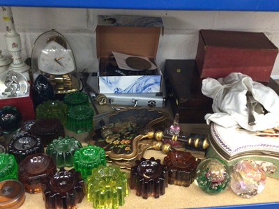 Lot 69 - Pair of Royal Worcester porcelain table lamps, collection of nine glass paperweights, collection of Victorian glass furniture coasters, and sundries