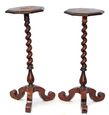 Lot 1305 - Rare pair of William and Mary walnut and inlaid candle stands