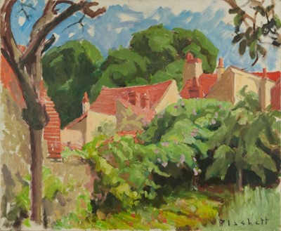 Lot 1051 - Joseph Plaskett (1918-2014) oil on canvas - Suffolk Garden, indistinctly titled verso, signed, 54cm x 65cm, unframed