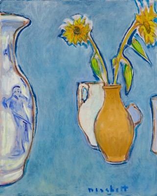 Lot 1052 - Joseph Plaskett (1918-2014) oil on canvas - Still Life, Two Small Sunflowers, signed, titled verso, 82cm x 66cm, unframed