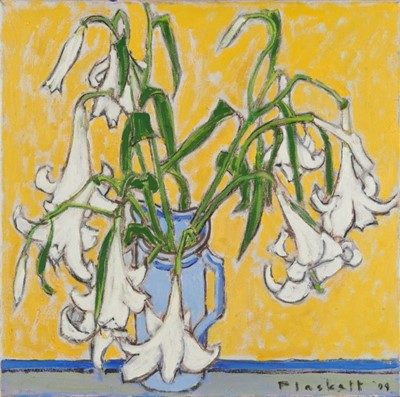 Lot 1053 - Joseph Plaskett (1918-2014) oil on canvas - Still Life, White Flowers, Blue Jug, signed and dated '04, titled verso, 51cm square