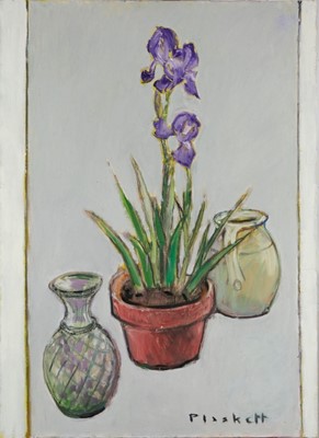 Lot 1054 - Joseph Plaskett (1918-2014) oil on canvas - Still Life, Purple Iris & Vases, signed, titled verso, 100cm x 73cm, unframed