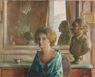 Lot 1065 - Joseph Plaskett (1918-2014) oil on canvas - Portrait of Cynthia Scott, signed and dated 1960, 82cm x 100, unframed