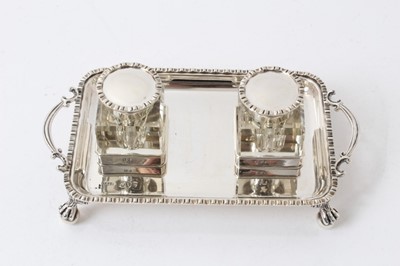 Lot 201 - Victorian Georgian-style silver inkstand with twin silver mounted glass bottles