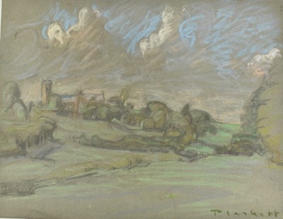 Lot 1074 - Joseph Plaskett (1918-2014) pastel - Church in a Suffolk Landscape, signed, 66cm x 50cm, unframed
