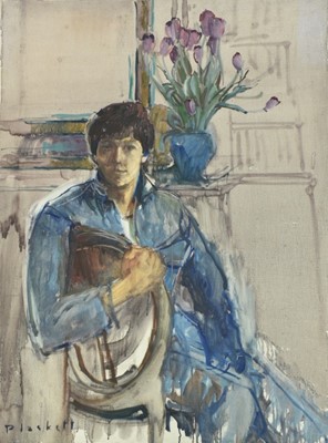 Lot 1075 - Joseph Plaskett (1918-2014) oil on unstretched canvas - Damien and Purple Tulips, signed, 104cm x 80cm
