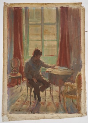 Lot 1076 - Joseph Plaskett (1918-2014) oil on unstretched canvas - Figure at a Table, signed and dated '64, 56cm x 39cm