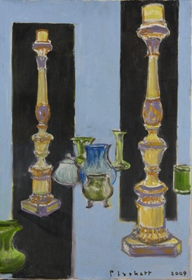 Lot 1080 - Joseph Plaskett (1918-2014) oil on canvas - Still Life, Two Candelabra, signed and dated 2009, 74cm x 50cm, unframed