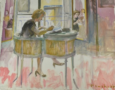 Lot 1088 - Joseph Plaskett (1918-2014) oil on unstretched canvas - Lady at a Writing Desk, indistinctly titled verso, signed, 73cm x 90cm
