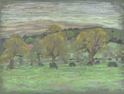 Lot 1098 - Joseph Plaskett (1918-2014) pastel - Cattle Grazing, signed and dated 1983, 50cm x 65cm, unframed